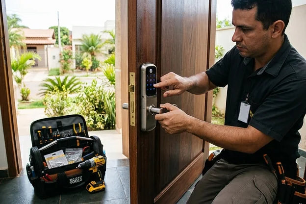 Fechadura digital em uso numa porta em Araguaína.